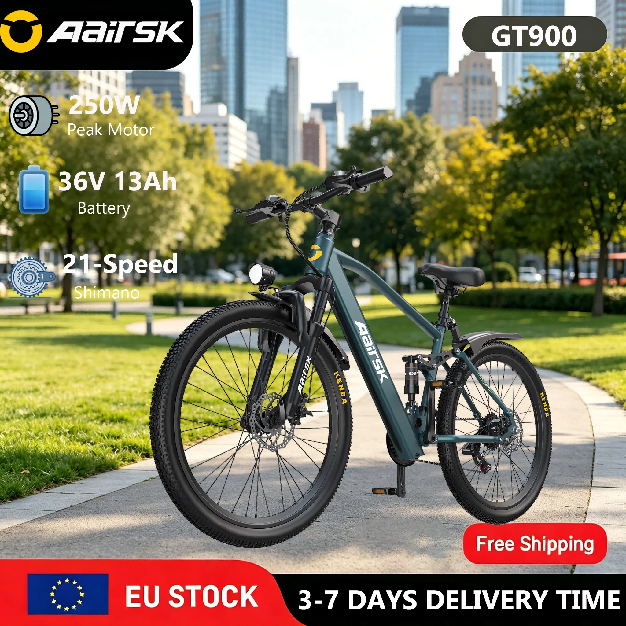 Vélo électrique Aairsk GT900 26 pouces – Moteur 250 W / 45 Nm – Batterie 36 V / 13 Ah – Double suspension – Freins à disque – 21 vitesses – Démarrage