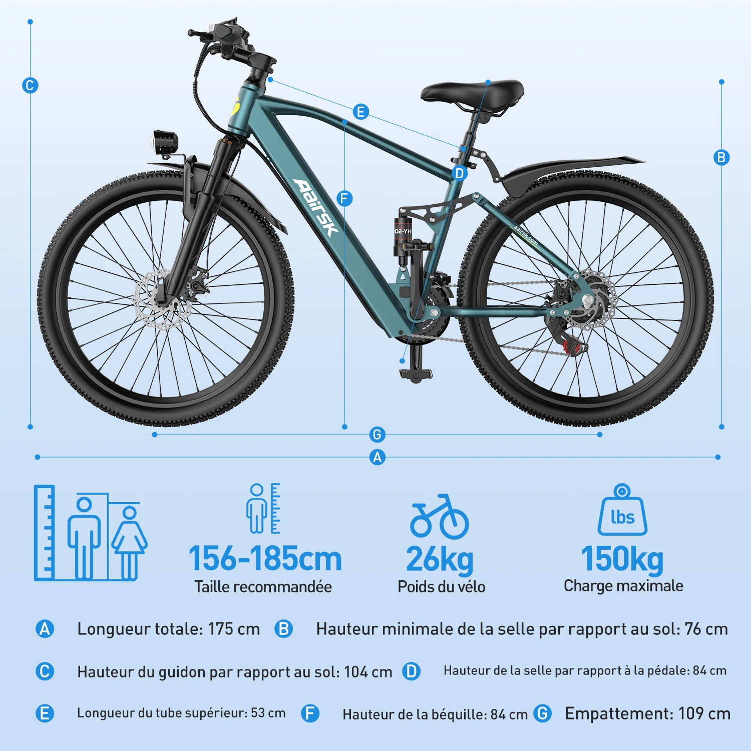 Vélo électrique Aairsk GT900 26 pouces – Moteur 250 W / 45 Nm – Batterie 36 V / 13 Ah – Double suspension – Freins à disque – 21 vitesses – Démarrage - Image 8
