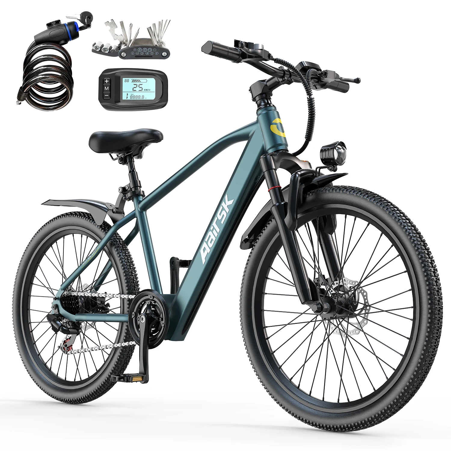 VTT électrique 26 pouces pour adultes, moteur sans balais 250 W, batterie 36 V 10 Ah (468 Wh), autonomie jusqu'à 64 km, vitesse max. 25 km/h, 7 vitess