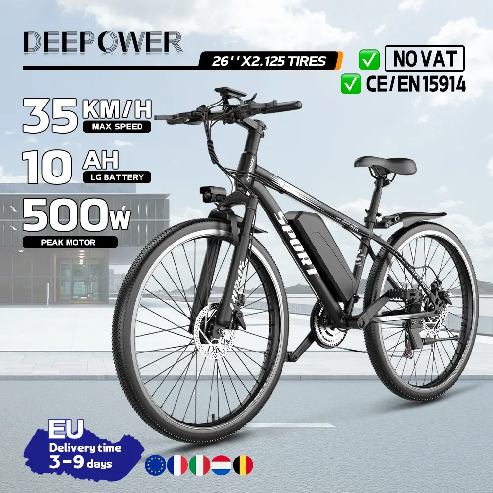 VTT électrique pour adultes DEEPOWER-G26, vélo électrique polyvalent (ville/tout-terrain), 7 vitesses, moteur 500 W, batterie 48 V 10 Ah, roues 26 x 2