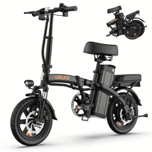 Vélo électrique pliable Urlife F1L (14 pouces) – Batterie 48 V 7,5 Ah amovible à charge rapide – Autonomie de 40 km – Suspension avant hydraulique – D