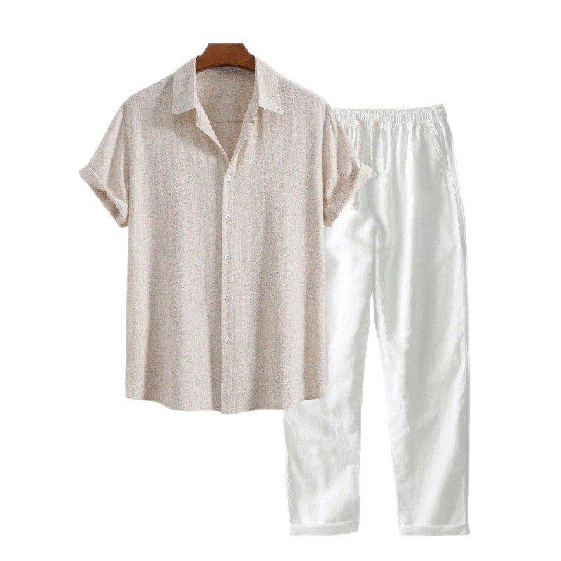 Ensemble de costume pour homme en lin et coton, coupe ajustée, col montant - Image 5