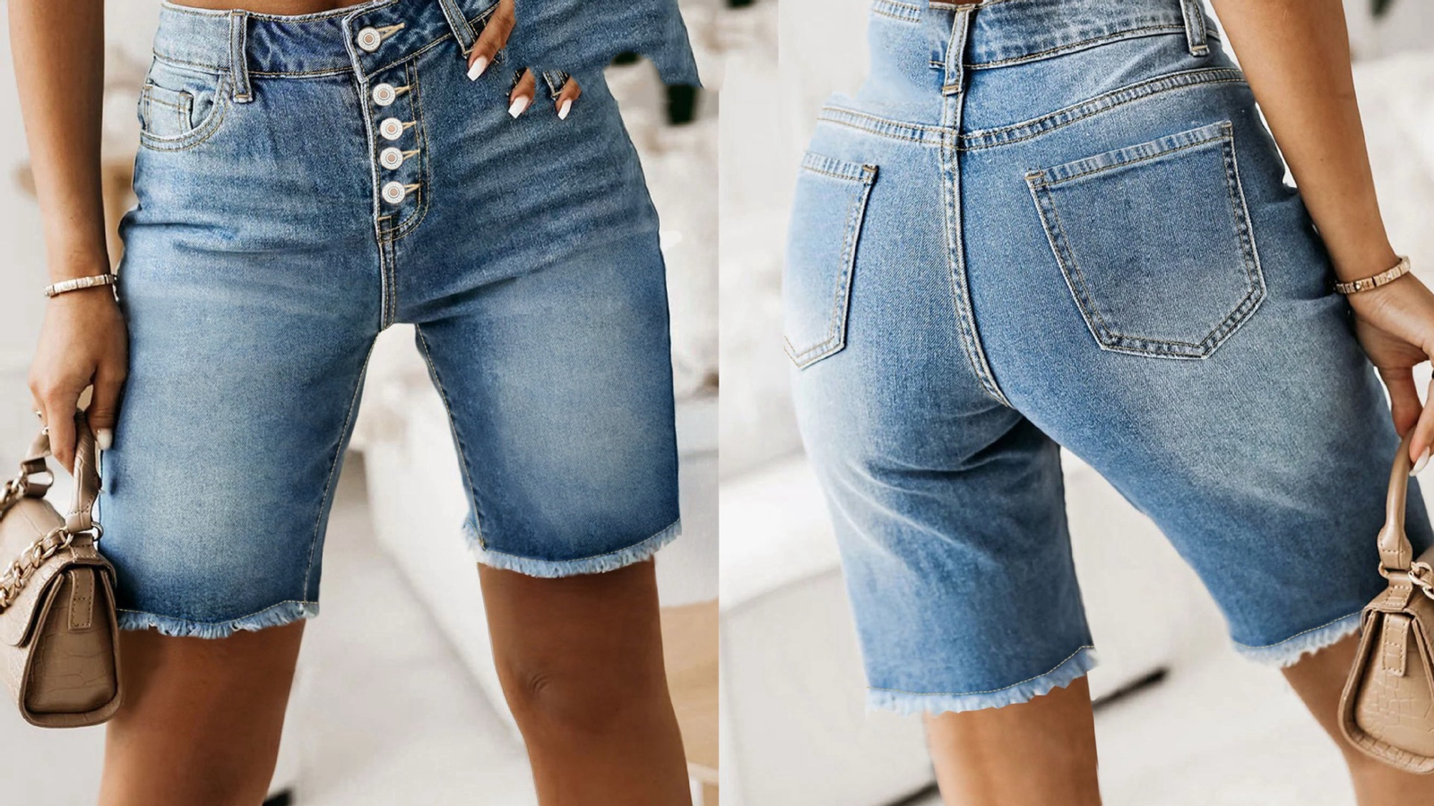 Short d'été en jean de coton, longueur mi-cuisse, effet usé et ourlet effiloché - Image 6