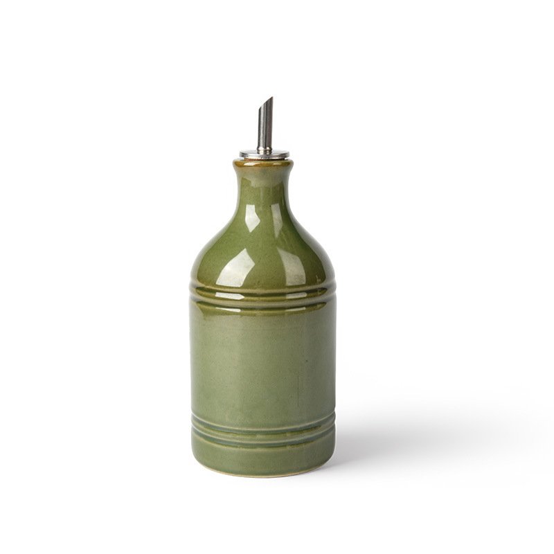 Bouteille d'huile d'olive rétro européenne en céramique verte avec bec verseur en acier inoxydable – Distributeur de condiments et de rangement vintag - Image 3
