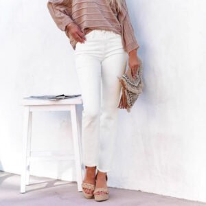 Pantalon en jean blanc coupe droite longueur cheville avec ourlet franc – Tenue décontractée