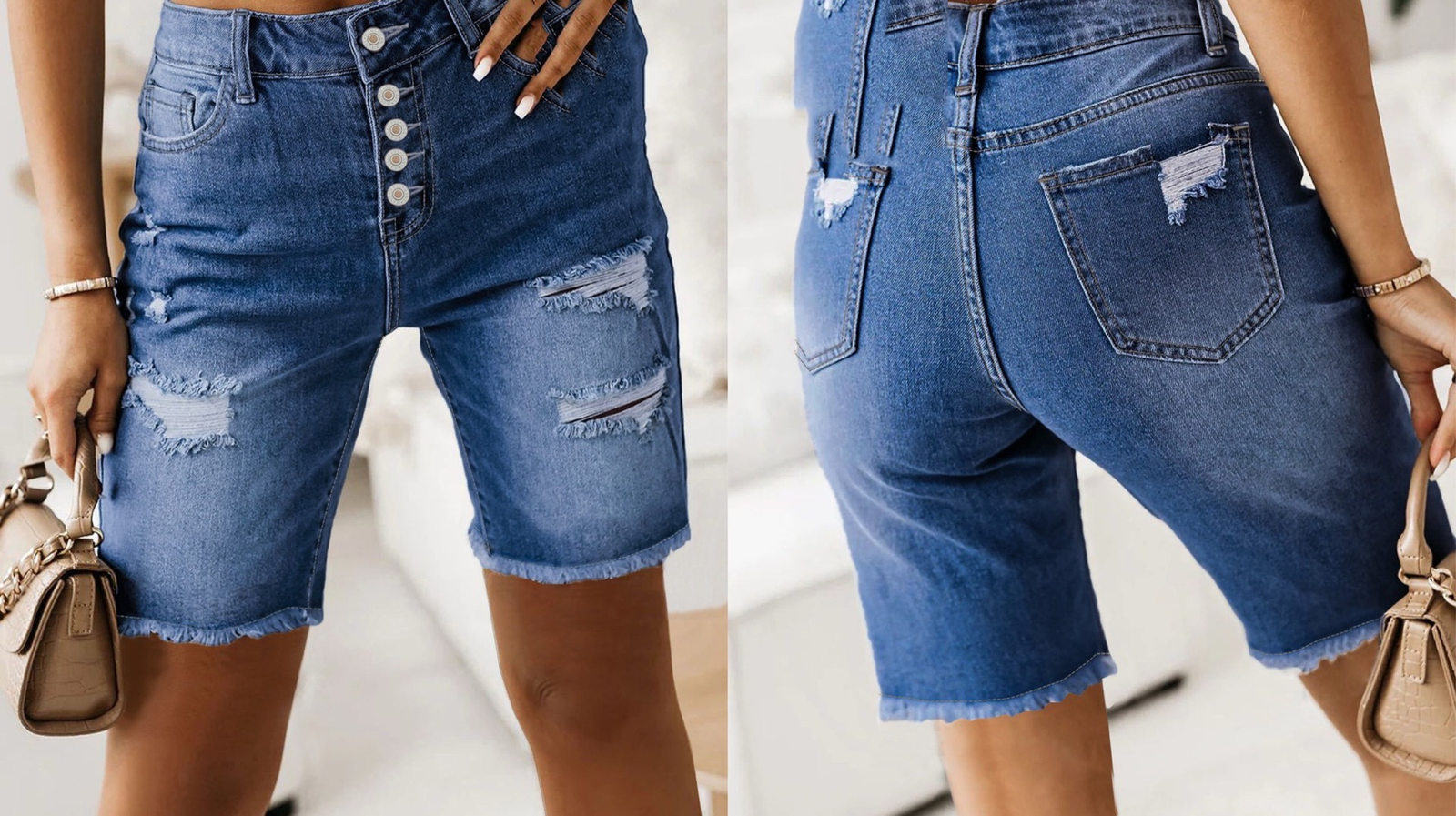 Short d'été en jean de coton, longueur mi-cuisse, effet usé et ourlet effiloché - Image 7