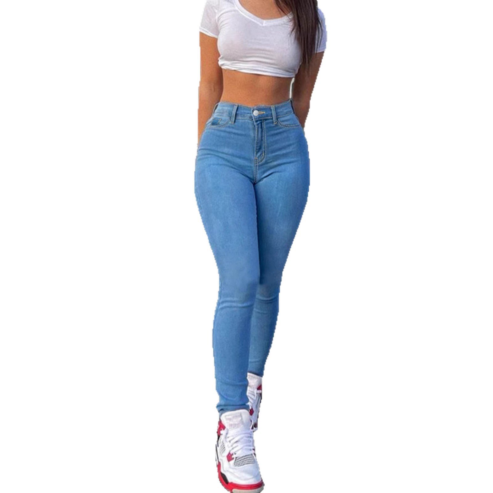 Pantalon slim en jean bleu clair, coupe crayon extensible et taille élastique – style décontracté - Image 5