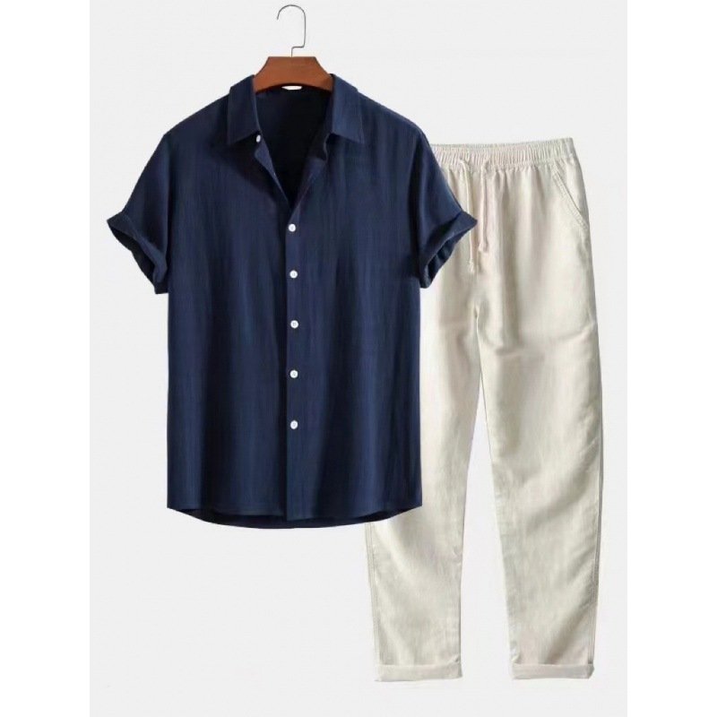 Ensemble de costume pour homme en lin et coton, coupe ajustée, col montant - Image 4