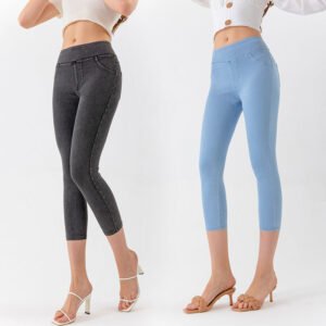 Pantalon corsaire de yoga en jean pour femme – Taille basse, coupe ajustée, taille haute extensible avec effet gainant (ventre plat) – Pantalon de fit