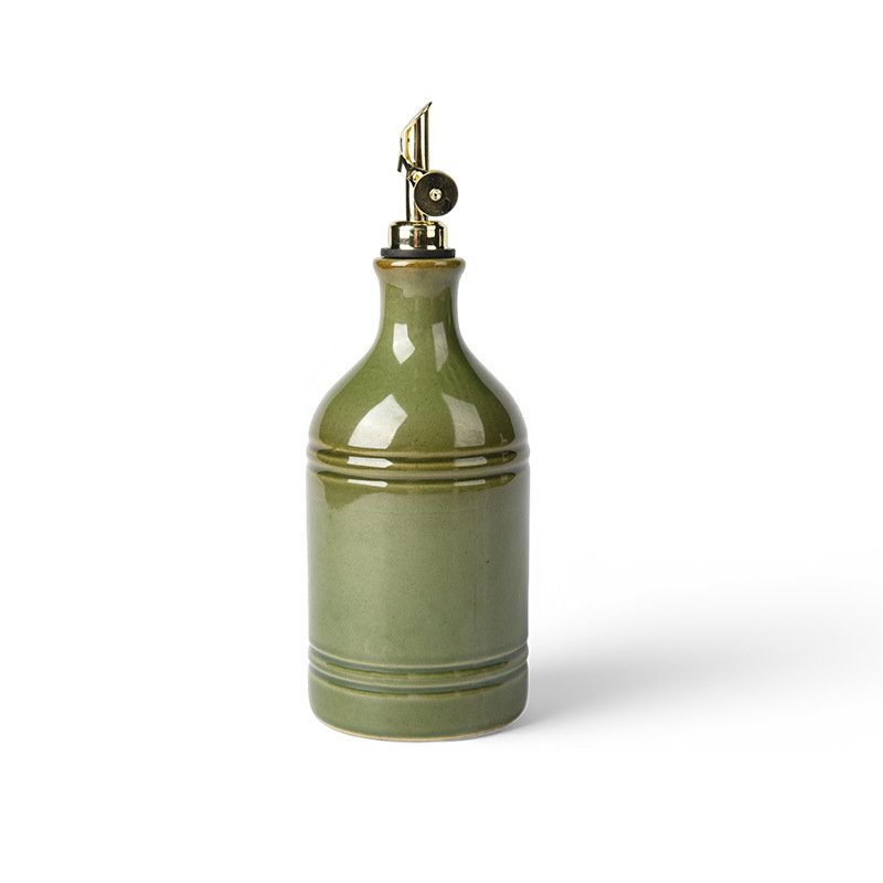 Bouteille d'huile d'olive rétro européenne en céramique verte avec bec verseur en acier inoxydable – Distributeur de condiments et de rangement vintag - Image 2