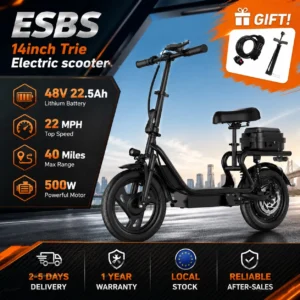 ESBS – Trottinette/Vélo électrique pliable avec moteur 500 W (roues 14 pouces), batterie au lithium 48 V 22,5 Ah, vitesse max. 35 km/h et autonomie de