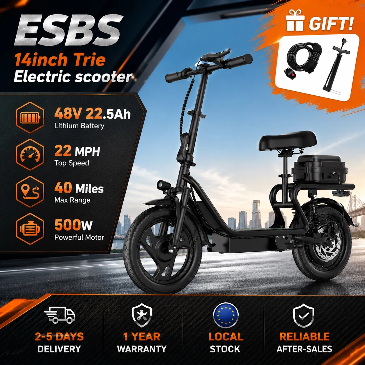 ESBS – Trottinette/Vélo électrique pliable avec moteur 500 W (roues 14 pouces), batterie au lithium 48 V 22,5 Ah, vitesse max. 35 km/h et autonomie de