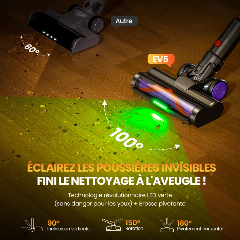 Aspirateur sans fil Erabros EV5 550W 70KPA, puissance d'aspiration ultra-puissante, autonomie de 80 minutes, aspirateur intelligent portatif, 4 modes - Image 5