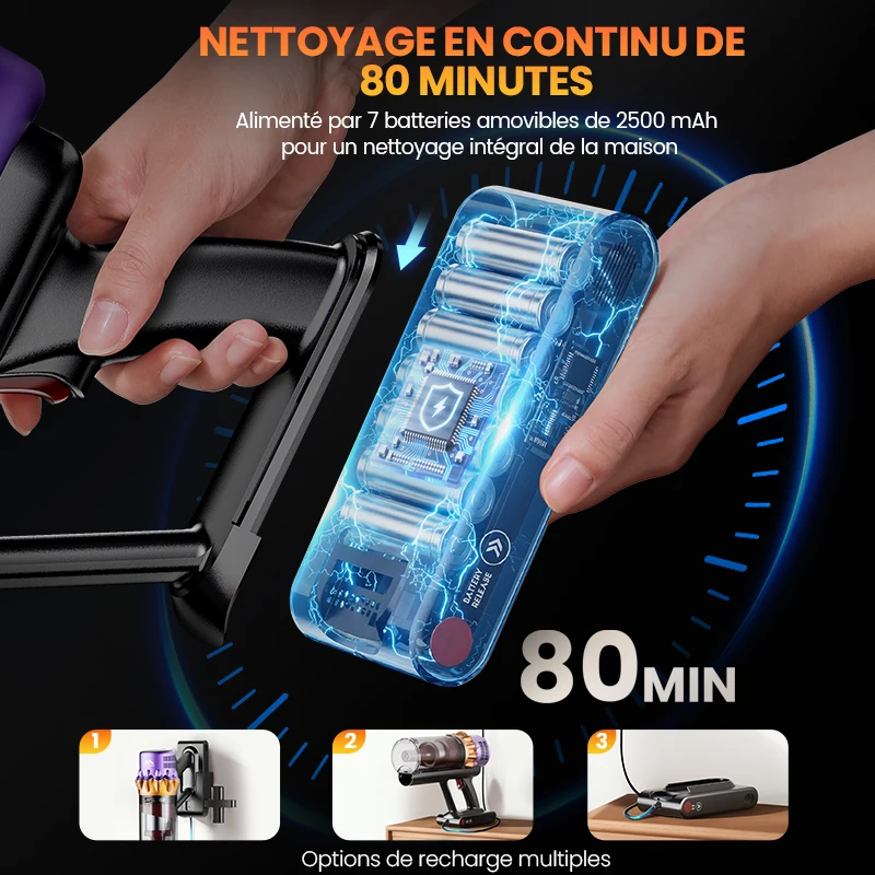 Aspirateur sans fil Erabros EV5 550W 70KPA, puissance d'aspiration ultra-puissante, autonomie de 80 minutes, aspirateur intelligent portatif, 4 modes - Image 4
