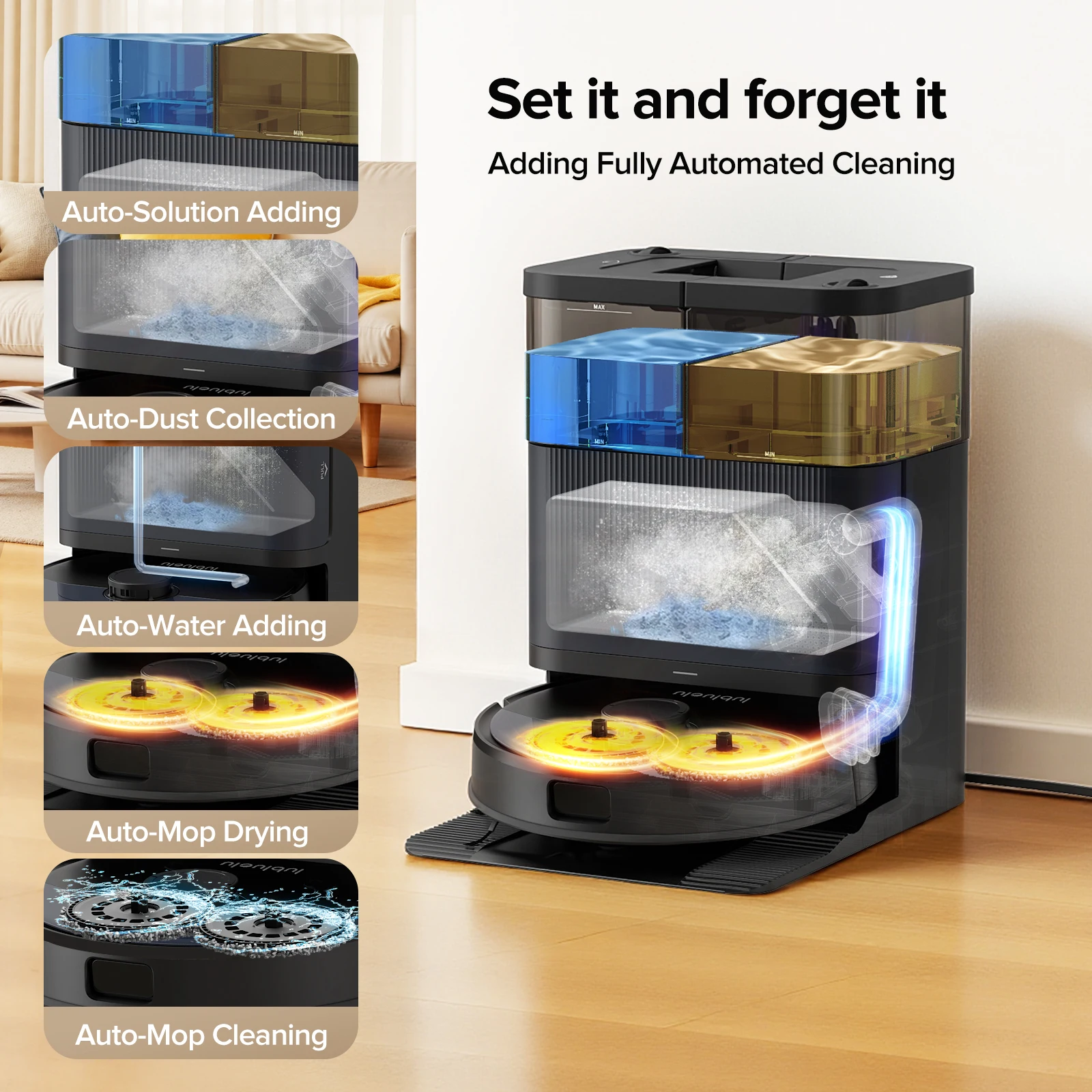 Aspirateur robot laveur Lubluelu S1000 avec station autonettoyante, lavage à l'eau chaude 75 °C, séchage automatique, nettoyage en profondeur des tap - Image 2