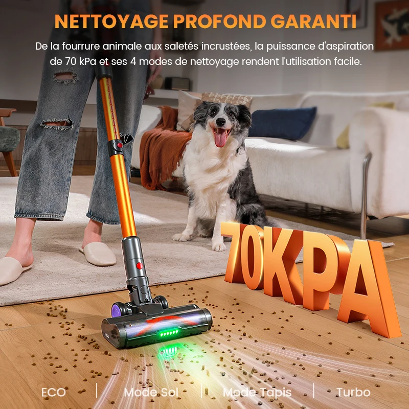 Aspirateur sans fil Erabros EV5 550W 70KPA, puissance d'aspiration ultra-puissante, autonomie de 80 minutes, aspirateur intelligent portatif, 4 modes - Image 2