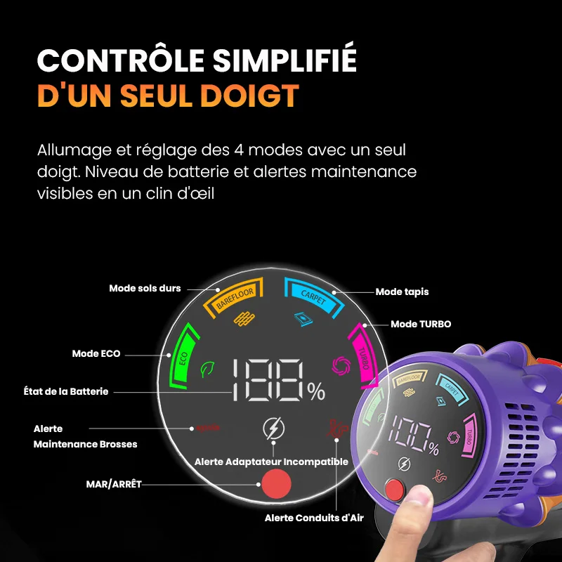 Aspirateur sans fil Erabros EV5 550W 70KPA, puissance d'aspiration ultra-puissante, autonomie de 80 minutes, aspirateur intelligent portatif, 4 modes - Image 6