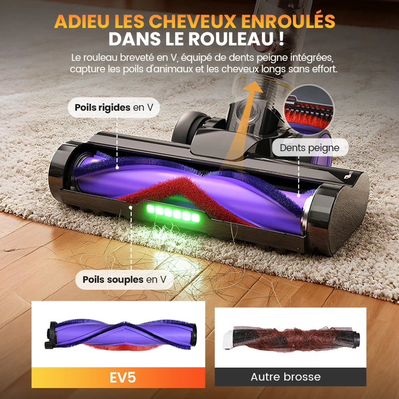 Aspirateur sans fil Erabros EV5 550W 70KPA, puissance d'aspiration ultra-puissante, autonomie de 80 minutes, aspirateur intelligent portatif, 4 modes - Image 3