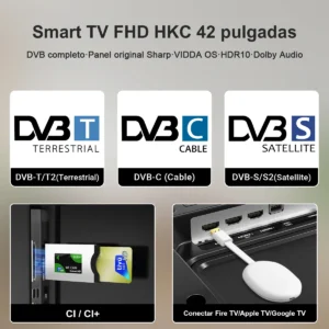 Téléviseur intelligent HKC 42Q1L 42 pouces FHD VIDAA Full DVB T2 S2, dalle C Sharp, HDR10, Dolby Audio, avec port HDMI et AV pour écouteurs.
