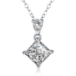 Collier en argent sterling S925 avec deux pierres (tailles princesse et poire), pendentif en moissanite 1 ct (qualité D-VVS1), chaîne plaquée platine (40 et 45 cm), certifié GRA, livré en coffret cadeau (bijou pour femme)