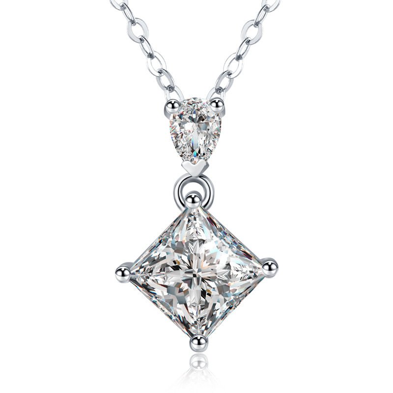 Collier en argent sterling S925 avec deux pierres (tailles princesse et poire), pendentif en moissanite 1 ct (qualité D-VVS1), chaîne plaquée platine (40 et 45 cm), certifié GRA, livré en coffret cadeau (bijou pour femme)