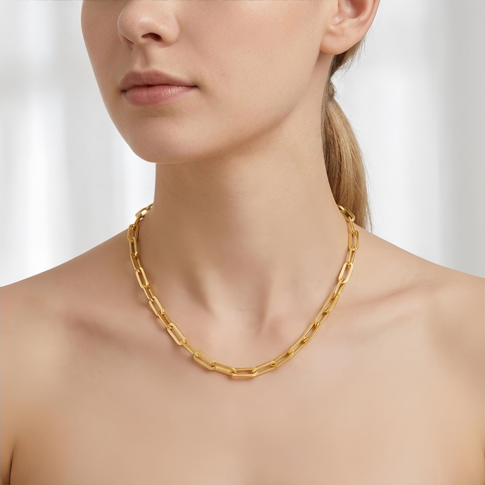 Collier chaîne à maillons rectangulaires (type « trombone ») en argent sterling 925 plaqué or, fabriqué en Italie – Un bijou d'exception - Image 2